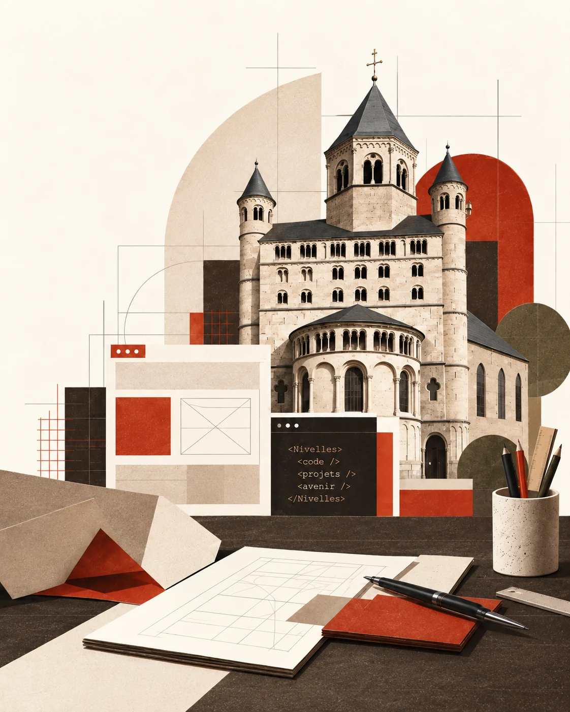 Composition graphique associant la collégiale de Nivelles à un atelier de conception numérique