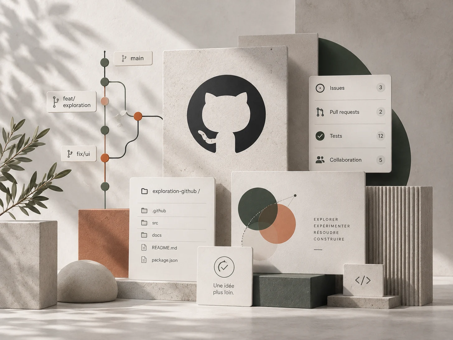 Composition éditoriale autour de GitHub, du code et de la progression technique