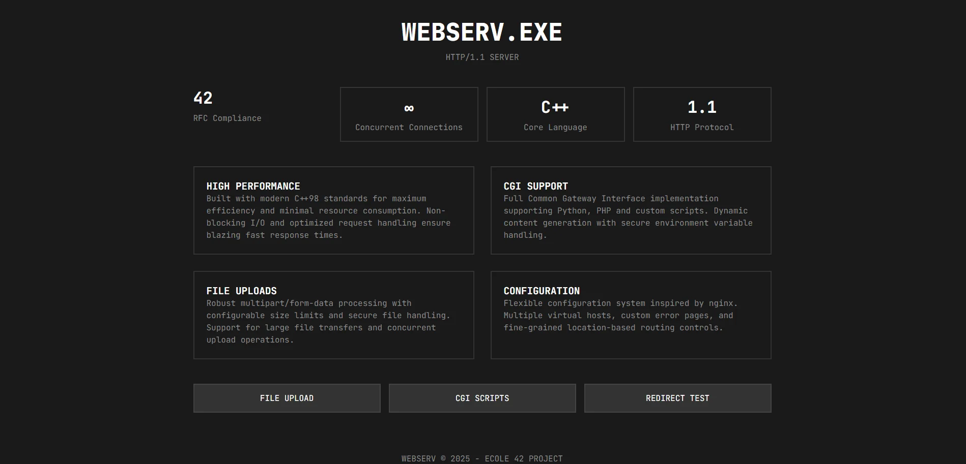 Interface de démonstration du serveur HTTP WebServ avec tests CGI, upload et redirection