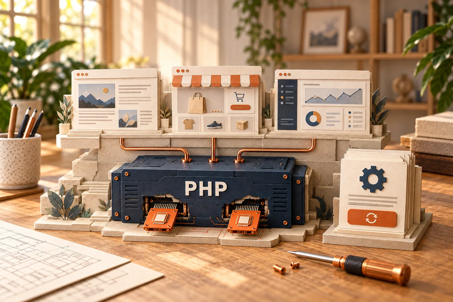 Un blog, une boutique et une application reliés au même module PHP, avec deux correctifs et une mise à jour du site distincte.