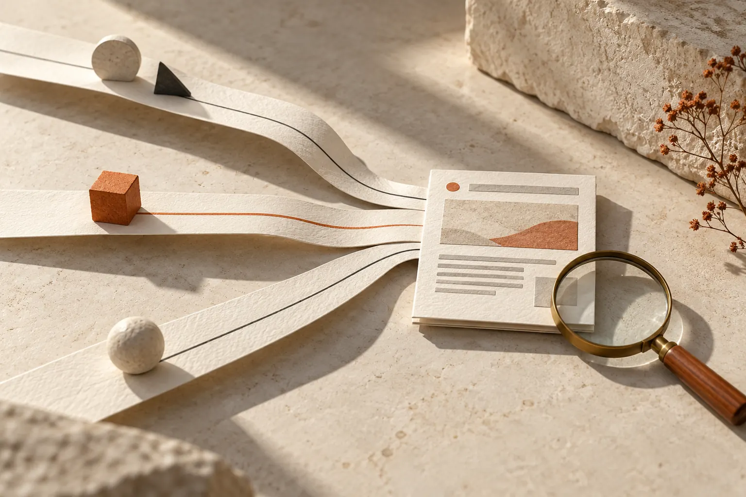 Trois chemins de papier convergent vers une page web sous une loupe.