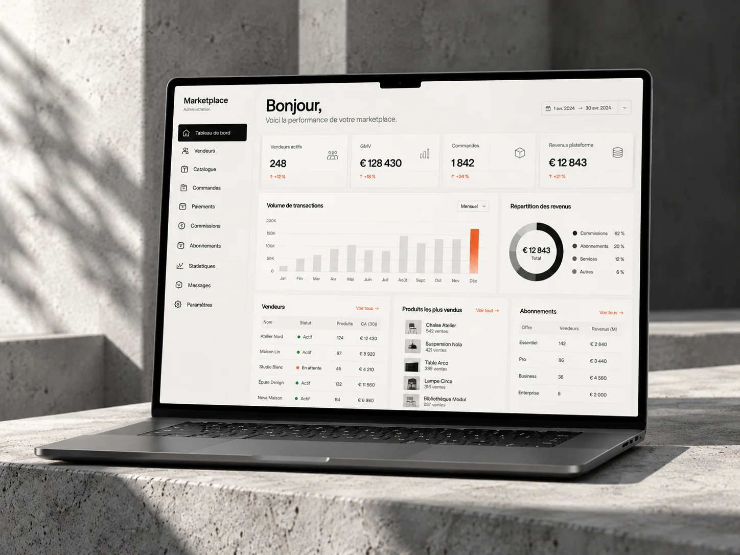 Tableau de bord de marketplace affichant vendeurs, commandes et revenus