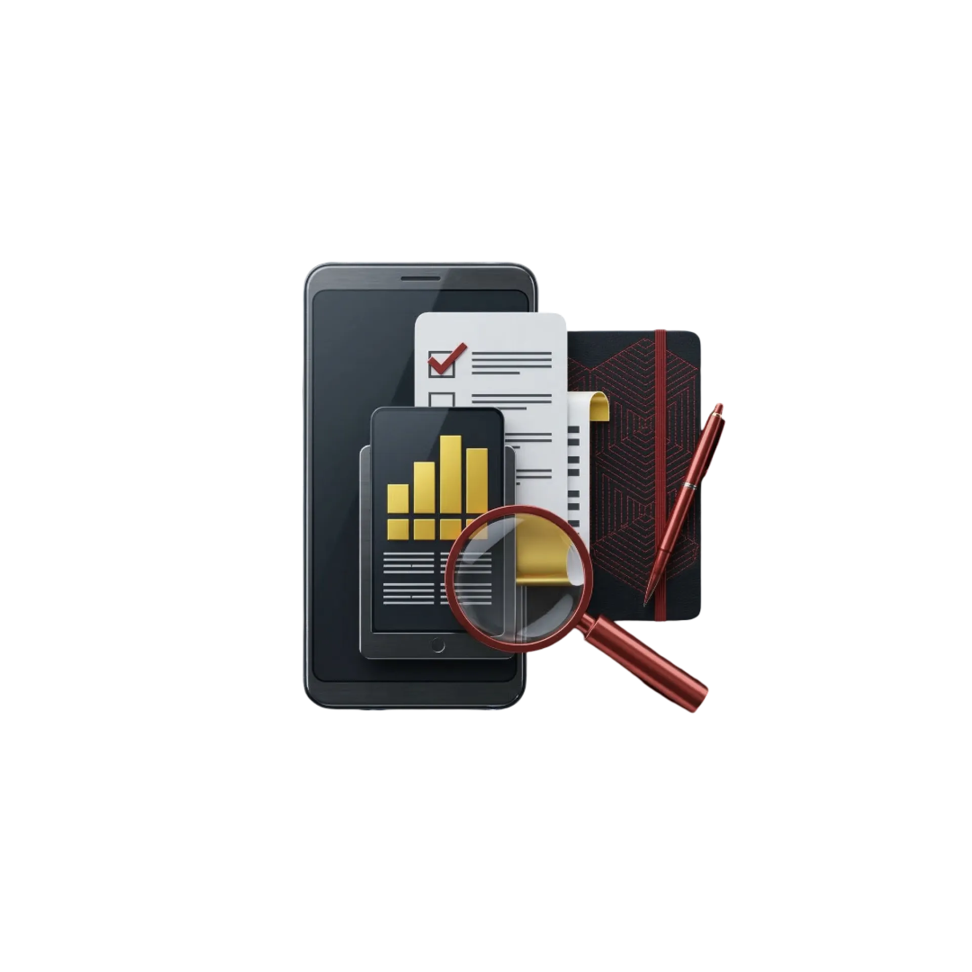 Illustration 3D d'un audit de site web avec graphiques de performance et loupe d'analyse