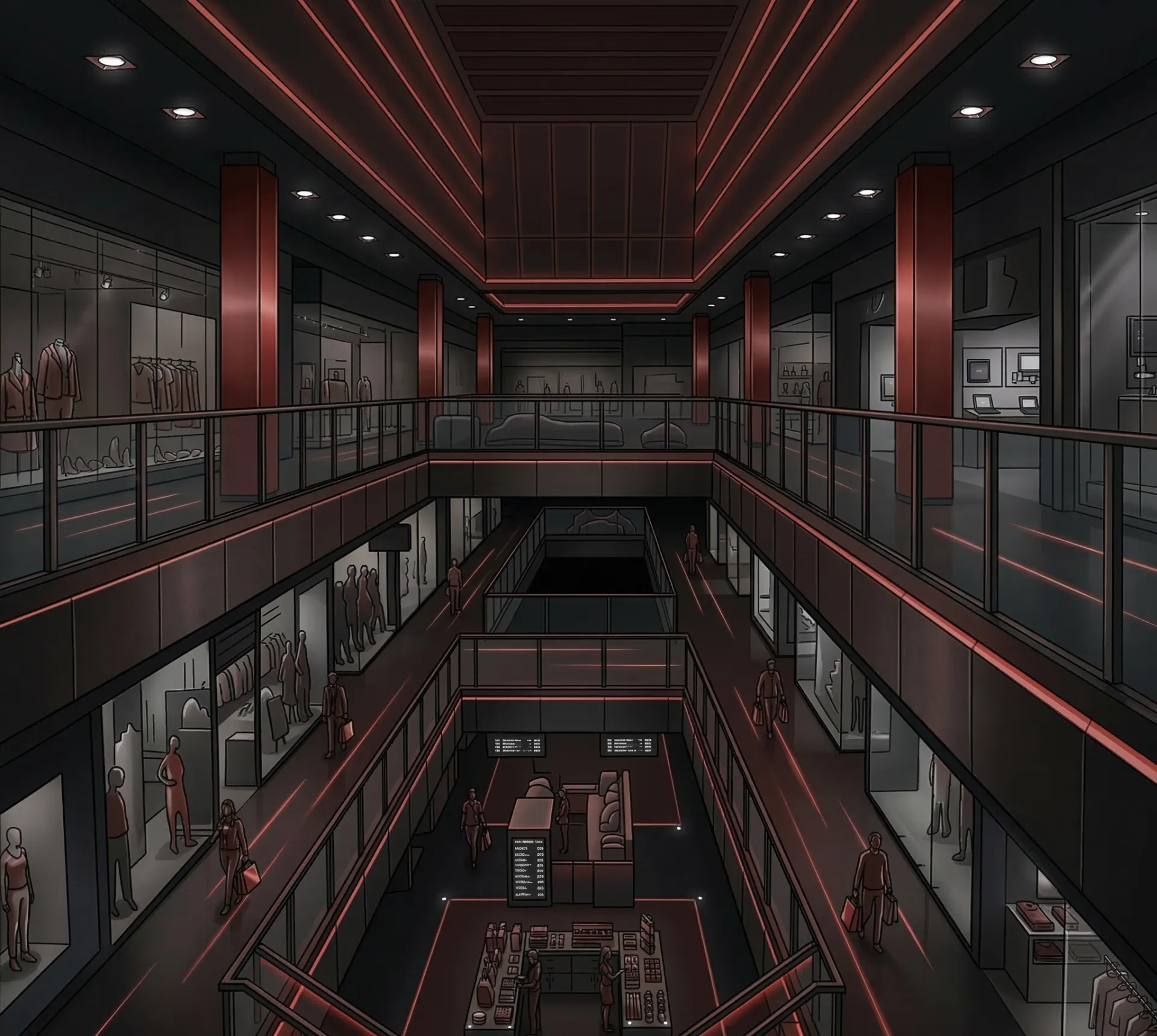 Conception de marketplace en ligne : illustration d'un centre commercial moderne à plusieurs niveaux.