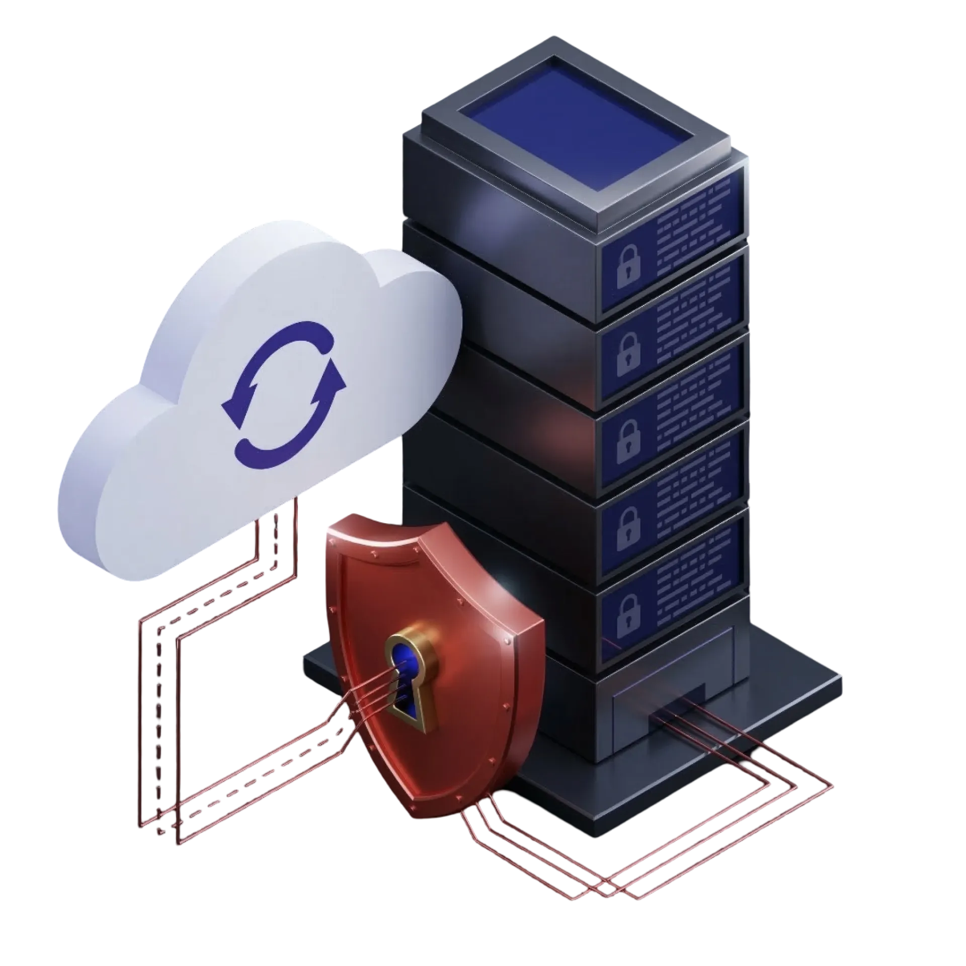 Illustration 3D d'une tour de serveurs sécurisée et connectée au cloud.